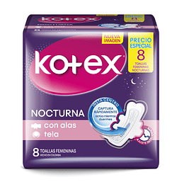 Toalla Femenina Kotex Nocturna Tela con Alas (4 x 8 UD)