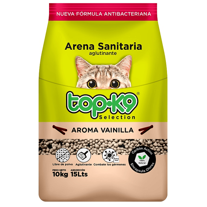 Arena Sanitaria para Gatos Topk9 Aglutinante Vainilla ( 10 KG )