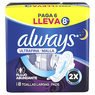 Toalla Femenina Always Ultrafina Nocturna Malla con Alas ( 3 x 8 UD )