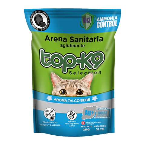 Arena Sanitaria para Gatos Topk9 Aglutinante Talco Bebé ( 2 KG )