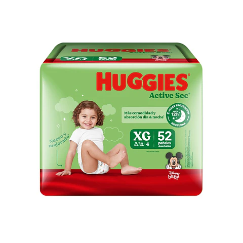 Pañal Huggies Active Sec Quincenal XG ( 52 Pañales )