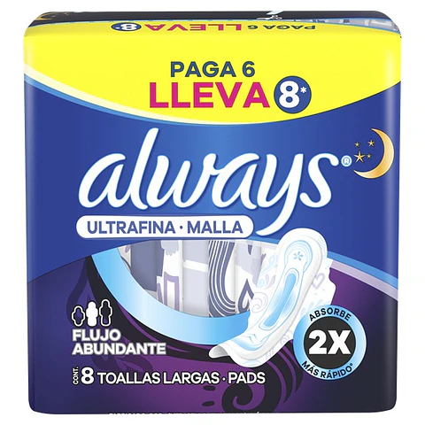 Toalla Femenina Always Ultrafina Nocturna Malla con Alas ( 3 x 8 UD )