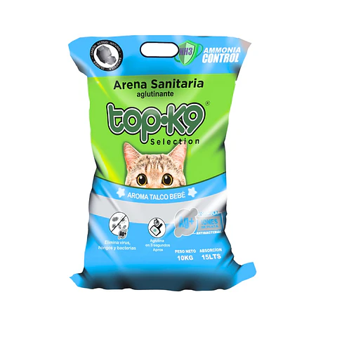 Arena Sanitaria para Gatos Topk9 Aglutinante Talco Bebé ( 10 KG )