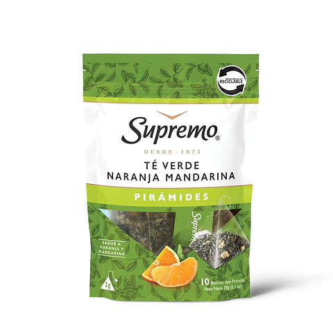 Té Supremo Verde Naranja Mandarina Pirámides ( 2 x 10 Bolsitas )