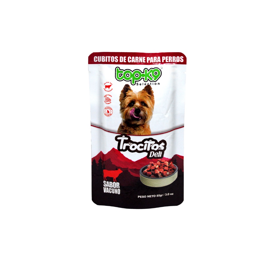 Snack Trocitos Deli para Perros Topk9 Vacuno ( 5 x 85 G ) 1