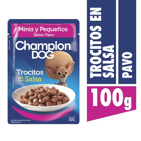 CHAMPION DOG TROCITOS EN SALSA MINIS Y PEQUEÑOS PAVO 100gr x24 UND