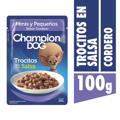 CHAMPION DOG TROCITOS EN SALSA RAZAS PEQUEÑAS CORDERO 100gr x24 UND