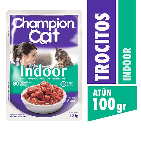 CHAMPION CAT TROCITOS EN SALSA ADULTO INDOOR ATUN 100gr x24 UND