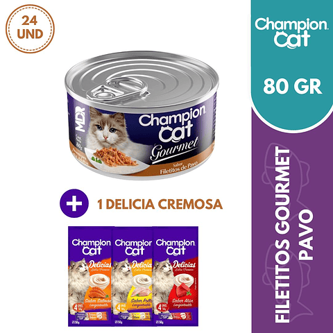 CHAMPION CAT FILETITOS DE PAVO GOURMET LATA 80GR - 24 UND