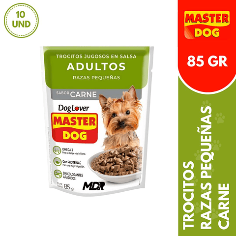 MASTER DOG TROCITOS JUGOSOS RAZA PEQUEÑA CARNE 85GR - 10 UND