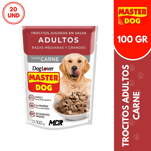 MASTER DOG TROCITOS JUGOSOS ADULTO CARNE 100GR - 20 UND