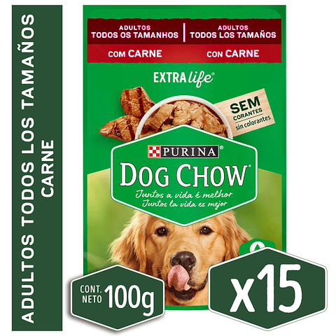 DOG CHOW SACHET TODOS LOS TAMAÑOS CARNE 100GR x15 UND
