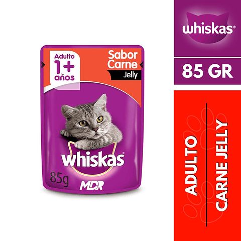 WHISKAS 1+ Adulto Sabor Carne Jelly En Sobre De 85gr x20 UND