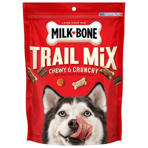 Milk-Bone Trail Mix Golosinas para perros con sabor a carne de res y batata 255gr