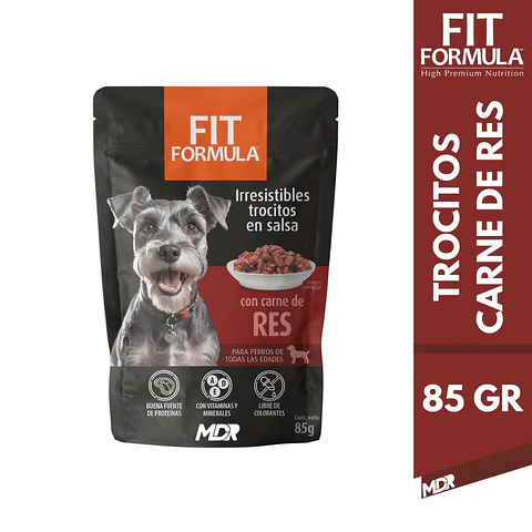 FIT FORMULA TROCITOS EN SALSA PERRO CARNE DE RES 85G X24 UND