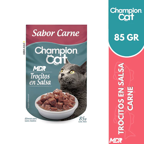 CHAMPION CAT TROCITOS EN SALSA ADULTO CARNE 85gr x24 UND