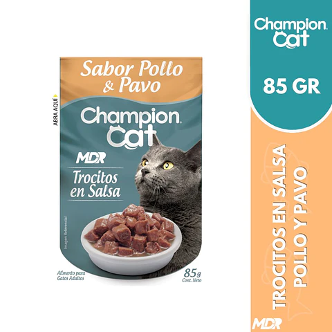 CHAMPION CAT TROCITOS EN SALSA ADULTO POLLO & PAVO 85gr x24 UND