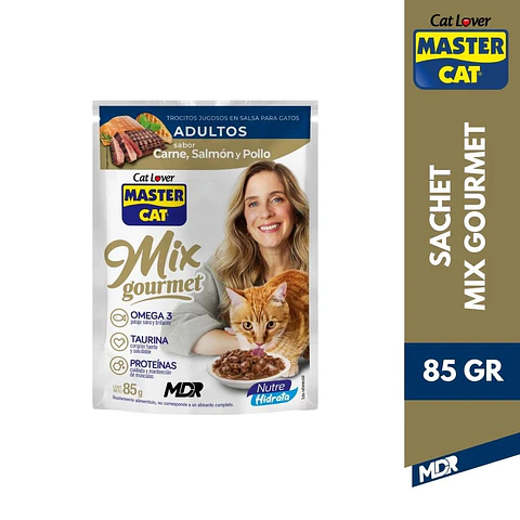 MASTER CAT SACHET ADULTO MIX CARNE, SALMON Y POLLO 85GR - 20 UND