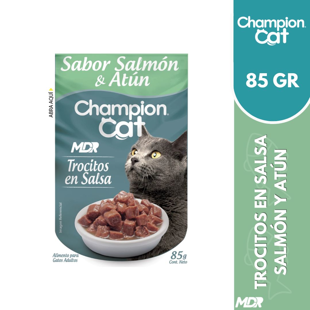 CHAMPION CAT TROCITOS EN SALSA ADULTO SALMON  & ATÚN 85gr x12 UND 1