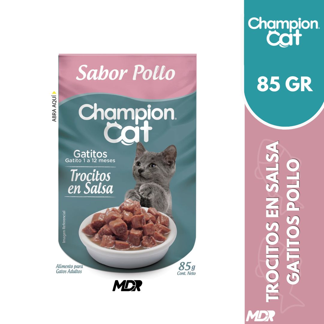 CHAMPION CAT TROCITOS EN SALSA GATITO POLLO 85gr x12 UND 1