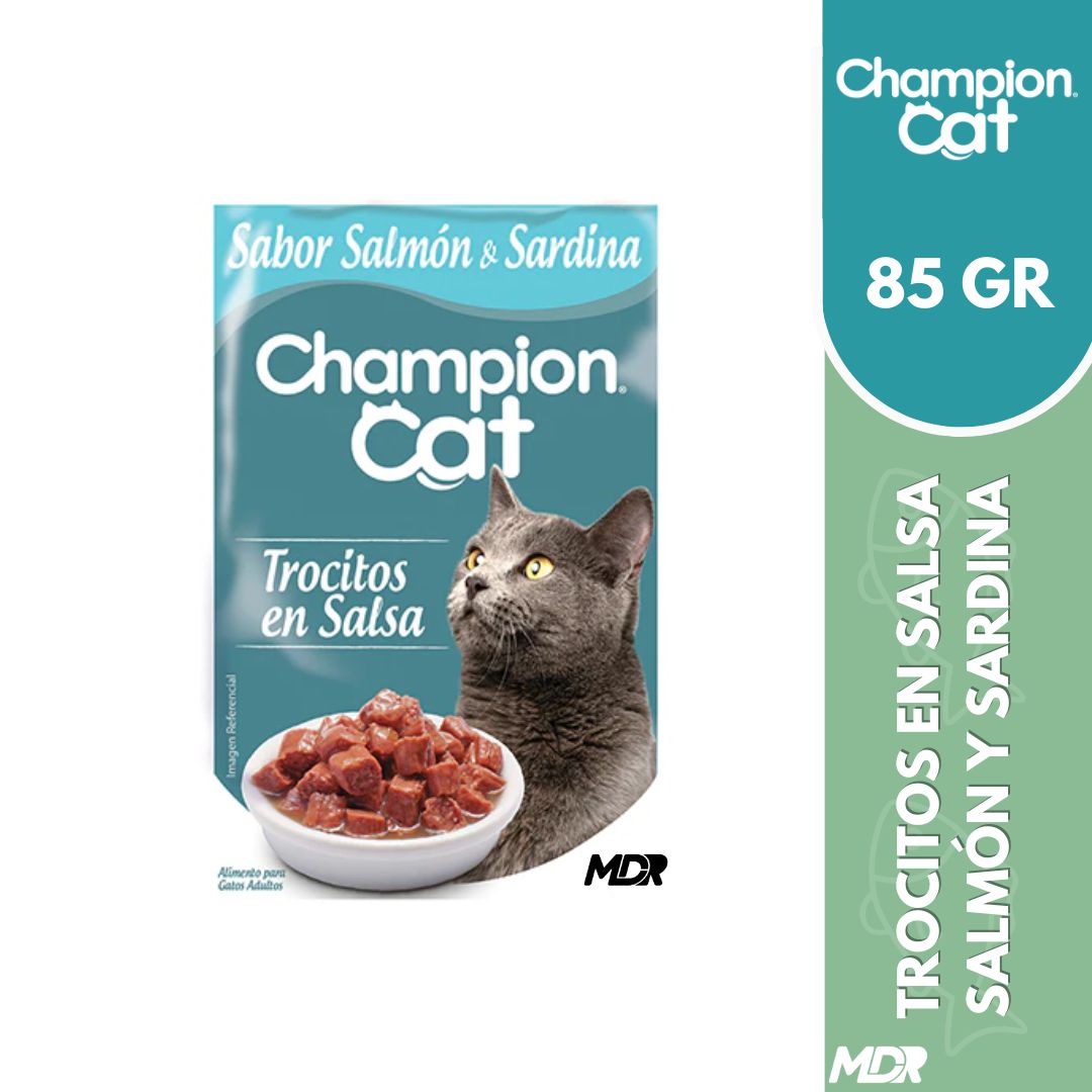 CHAMPION CAT TROCITOS EN SALSA ADULTO SALMON & SARDINA 85 gr x24 UND 1