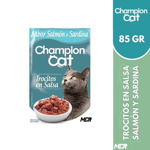 CHAMPION CAT TROCITOS EN SALSA ADULTO SALMON & SARDINA 85 gr x24 UND