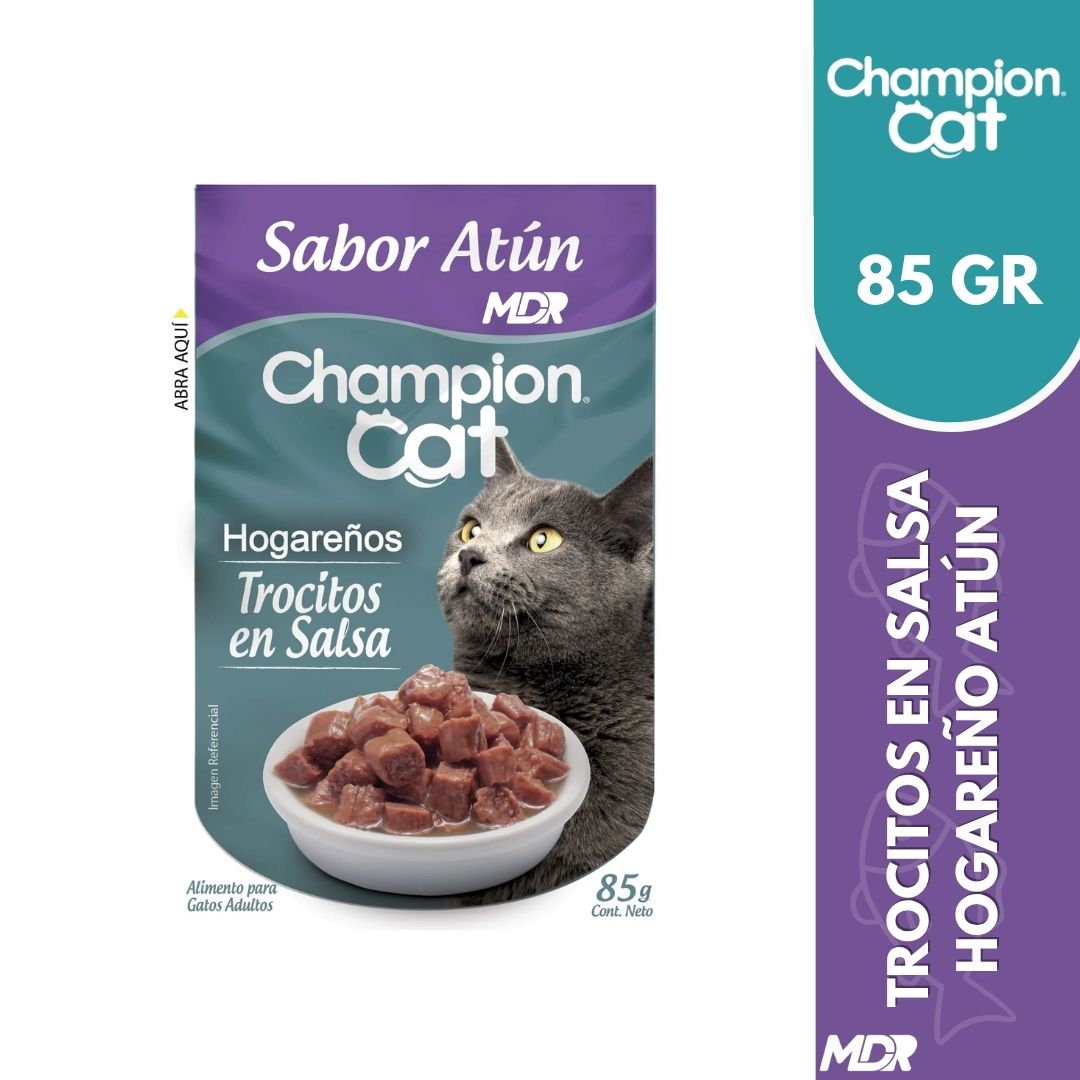 CHAMPION CAT TROCITOS EN SALSA ADULTO HOGAREÑO ATUN 85 gr x24 UND 1