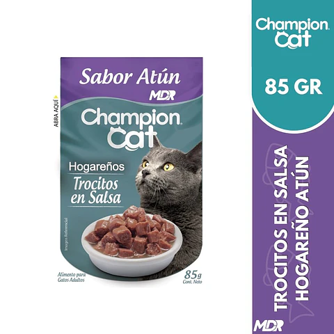CHAMPION CAT TROCITOS EN SALSA ADULTO HOGAREÑO ATUN 85 gr x12 UND