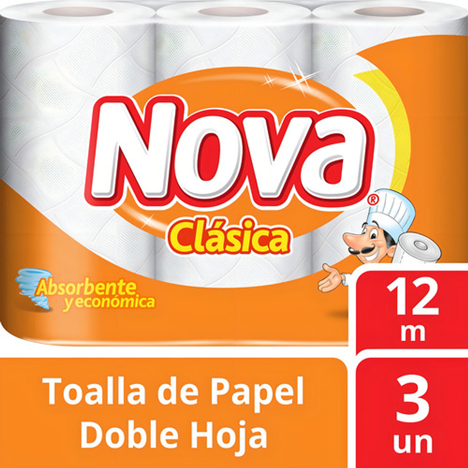 Toalla De Papel Nova Clásica 12 Metros 3 Rollos 60 Hojas 1