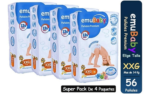 Pañales Emubaby Premium Xxg Pack 56 U Hipoalergénicos Reforzados Antifiltraciones Extra Extra Grande (xxg) Sin Género
