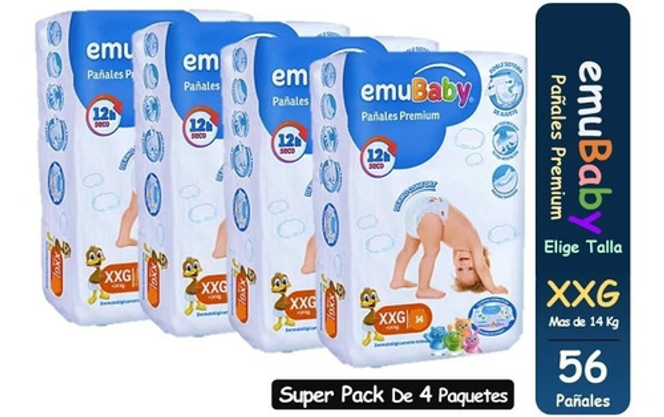 Pañales Emubaby Premium Xxg Pack 56 U Hipoalergénicos Reforzados Antifiltraciones Extra Extra Grande (xxg) Sin Género 1