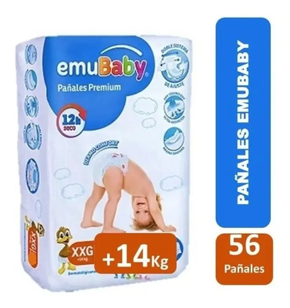 Pañales Emubaby Premium Xxg Pack 56 U Hipoalergénicos Reforzados Antifiltraciones Extra Extra Grande (xxg) Sin Género 3