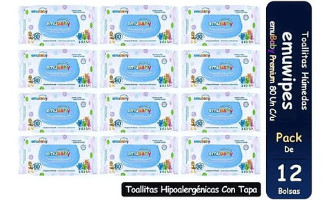 12pack Toallas Humedas Emubaby Premium Con Tapa 80 Unidades
