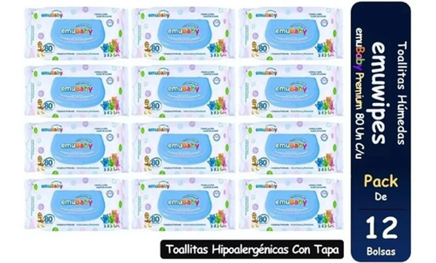 12pack Toallas Humedas Emubaby Premium Con Tapa 80 Unidades 1