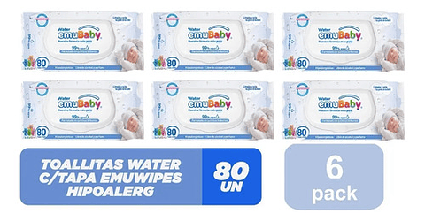 6pack Toallitas Húmedas Emubaby Water Premium 99% Agua 80und