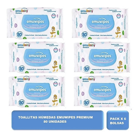 6pack Toallas Humedas Emubaby Premium Con Tapa 80 Unidades