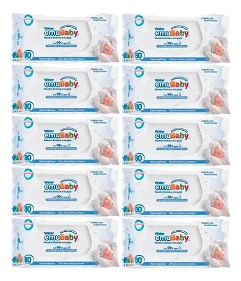 10pack Toallitas Húmedas Emubaby Water Premium 99% Agua 80un