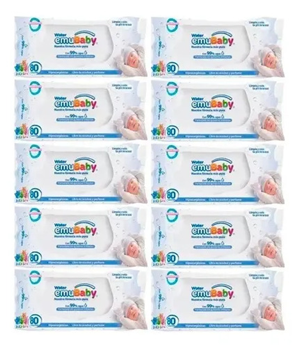 10pack Toallitas Húmedas Emubaby Water Premium 99% Agua 80un 1