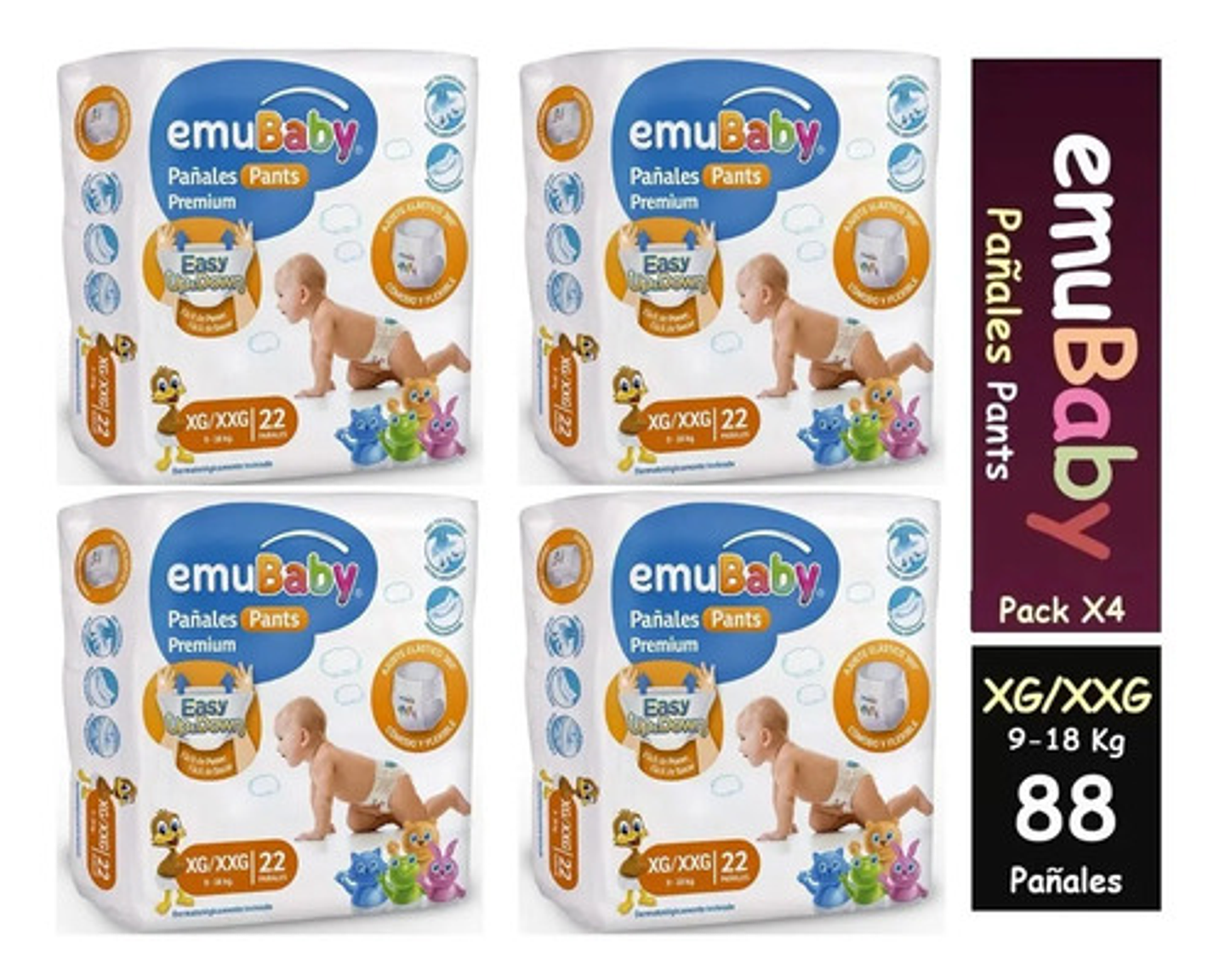 4pack Pañales Emubaby Pants Premium Pull Up Talla Xg 22unid 1