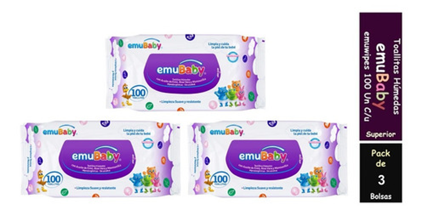 Toallitas Húmedas Emubaby Pack 3x100 Unidades Hipoalergénicas Sin Alcohol 1
