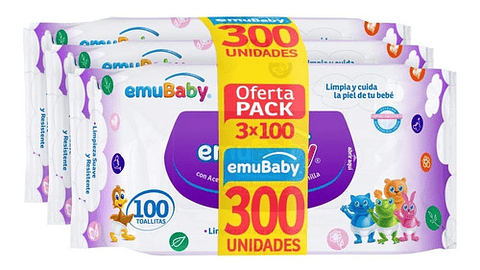 Toallitas Húmedas Emubaby Pack 3x100 Unidades Hipoalergénicas Sin Alcohol