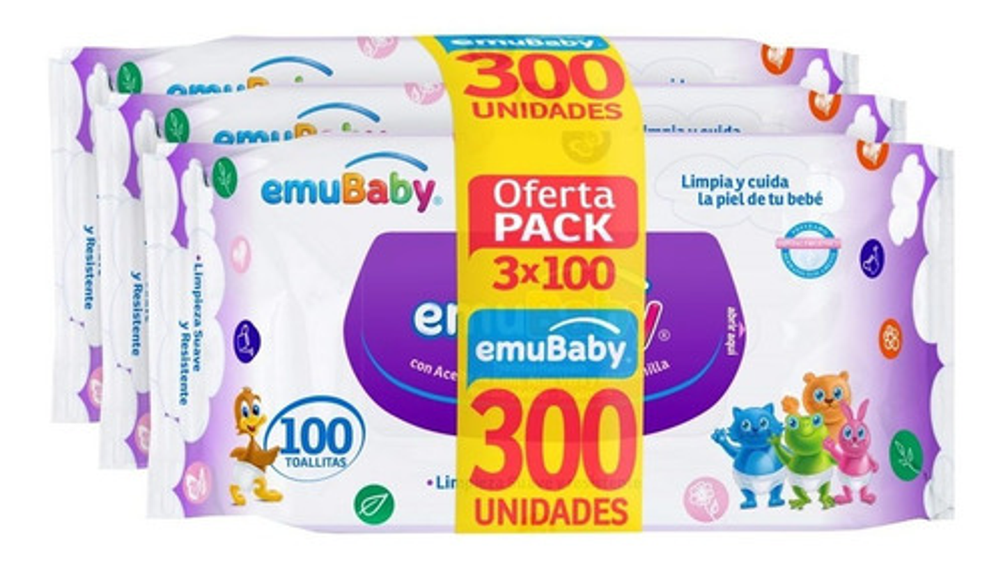 Toallitas Húmedas Emubaby Pack 3x100 Unidades Hipoalergénicas Sin Alcohol 2