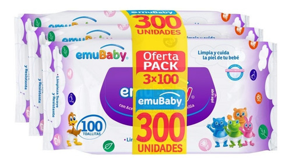 Toallitas Húmedas Emubaby Pack 3x100 Unidades Hipoalergénicas Sin Alcohol 2