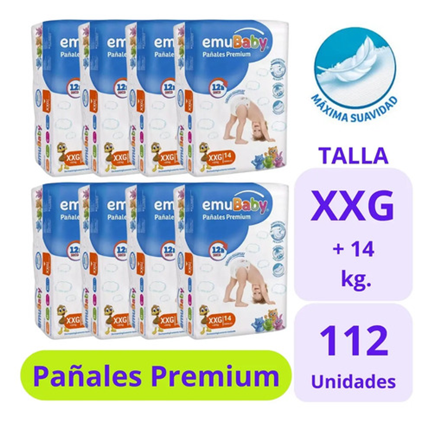 Pañales Emubaby Premium Xxg Ultra Absorción 14x8 Hipoalergénicos Extra Extra Grande (xxg) Sin Género 1