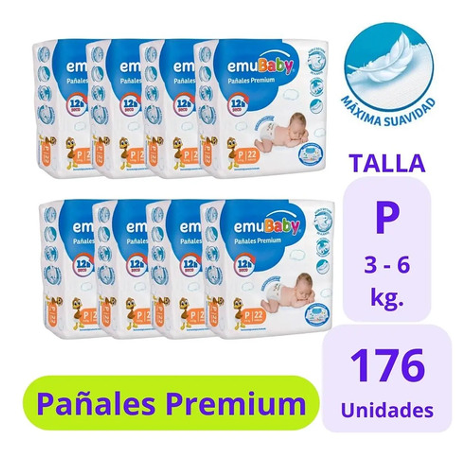 Emubaby Pañal Premium Talla P 8 Paquetes De 22 Unidades 1