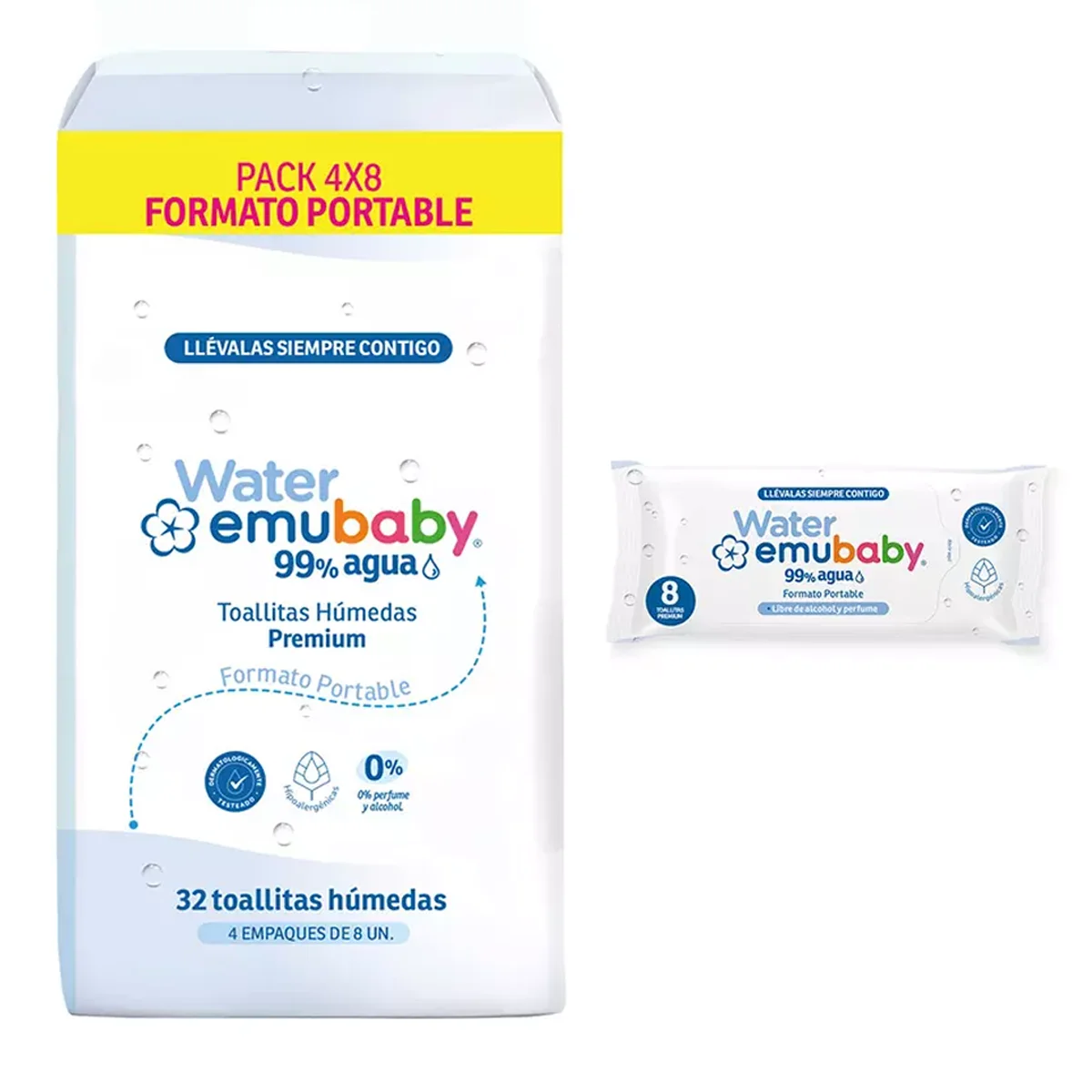 Toallitas Húmedas Emubaby Water 99% Agua Portable - 4x8 Unidades