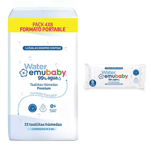 Toallitas Húmedas Emubaby Water 99% Agua Portable - 4x8 Unidades