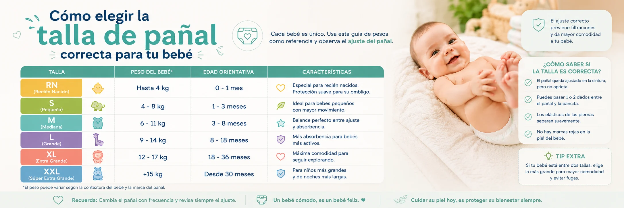 Cómo elegir la talla de pañal correcta para tu bebé (tabla de pesos)