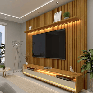 Painel Ripado com Rack para Tv até 75 Polegadas Led 3 Gavetas 2 Prateleiras com Pés 230cm Nobre Gelius Móveis Naturale