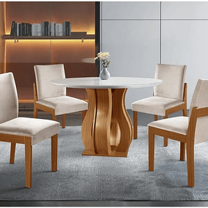 Conjunto Sala de Jantar Mesa Nuance 110cm Redonda Tampo Vidro/MDF com 4 Cadeiras Monaco Castanho Cinamomo/Bege